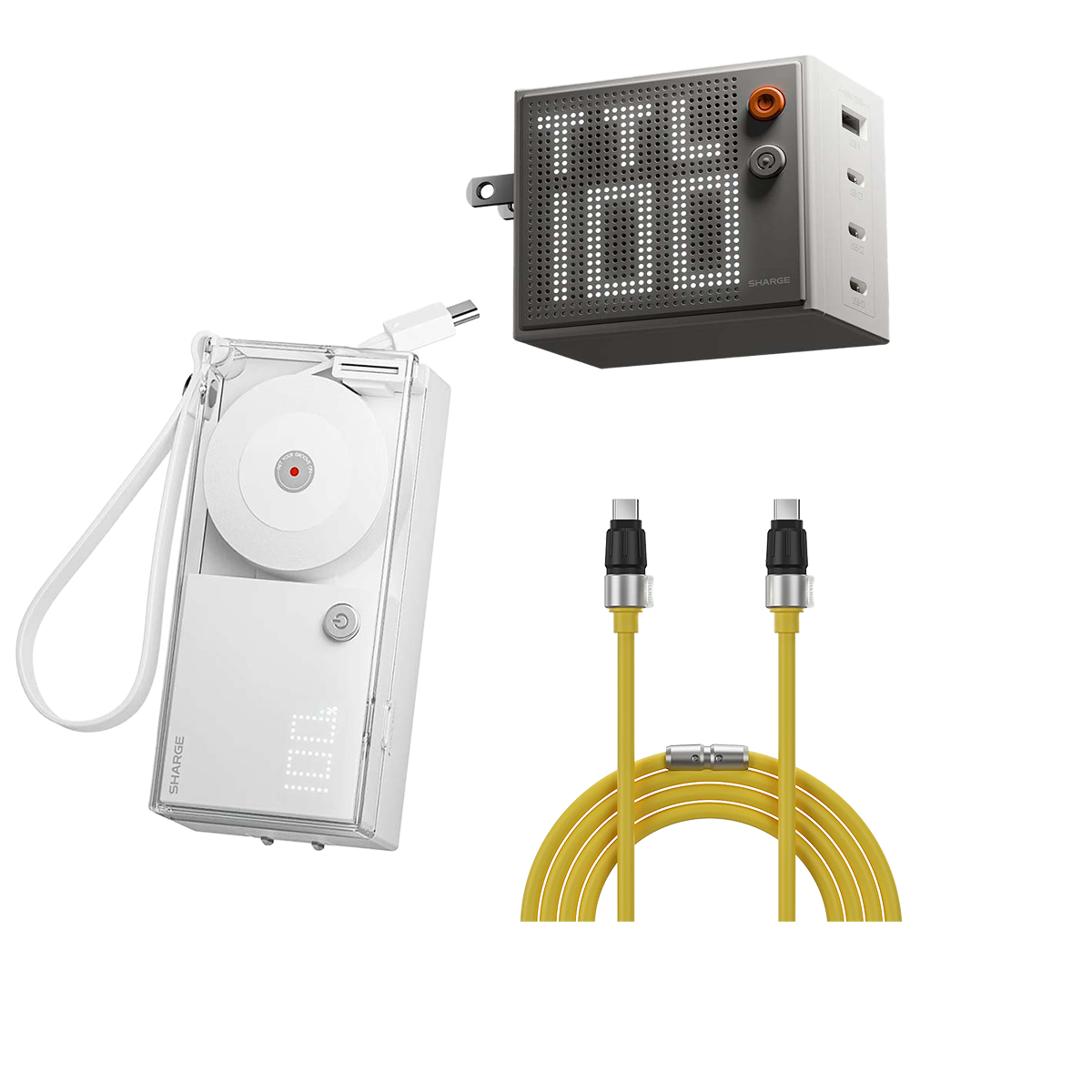 Bundle 5 Kit Sharge: Power Bank 10000mAh 30W Retráctil + Cargador GaN 100W + Cable USB-C 240W Transparente - Image 1