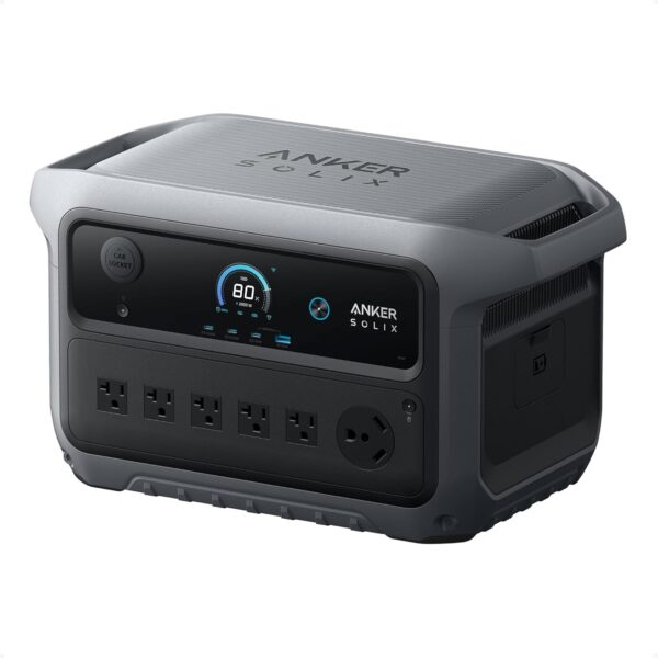 Anker SOLIX C2000 Gen 2 vista frontal con pantalla, contactos de CA y puertos USB