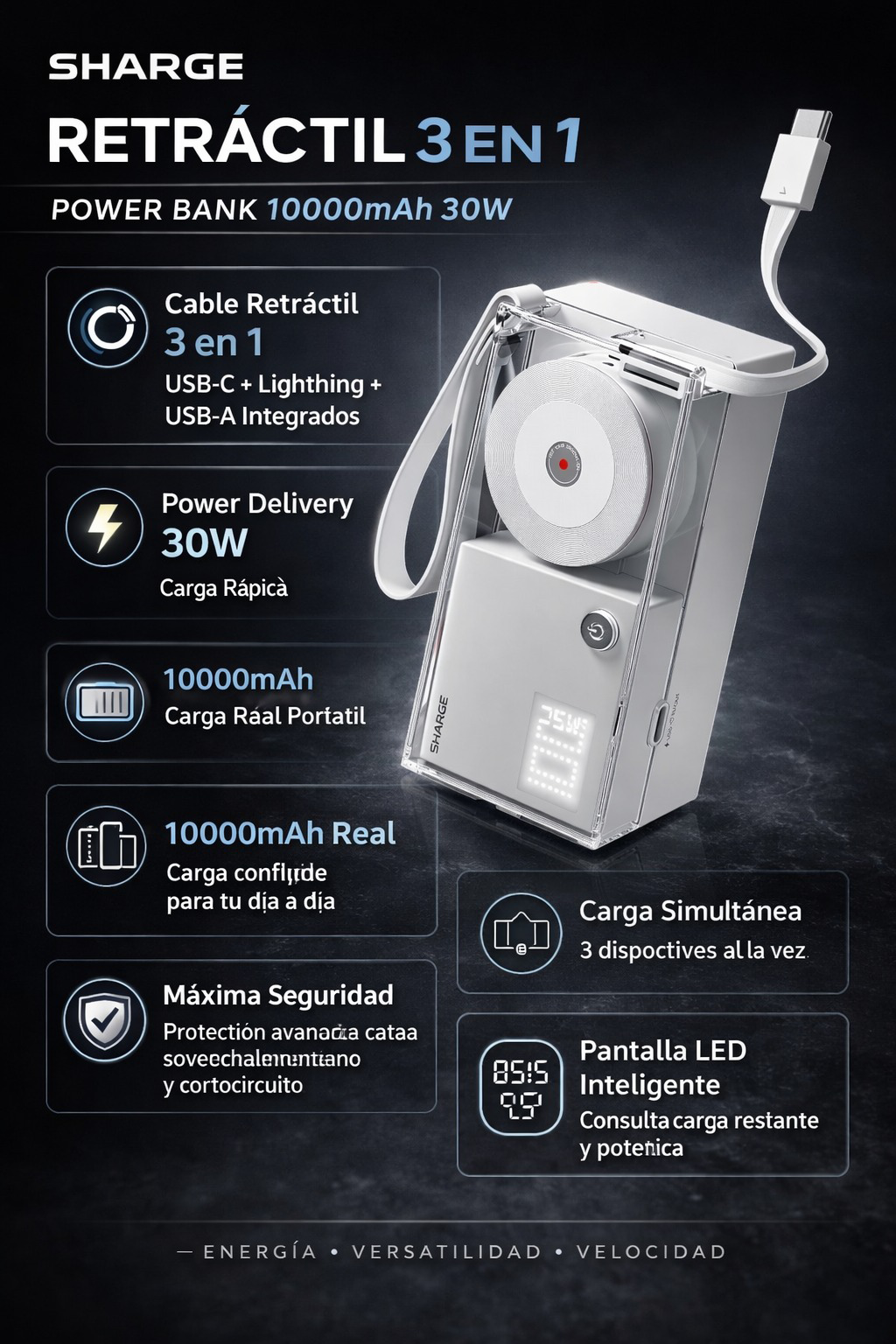 La power bank más versátil para 2026 Sharge Retráctil 3 en 1