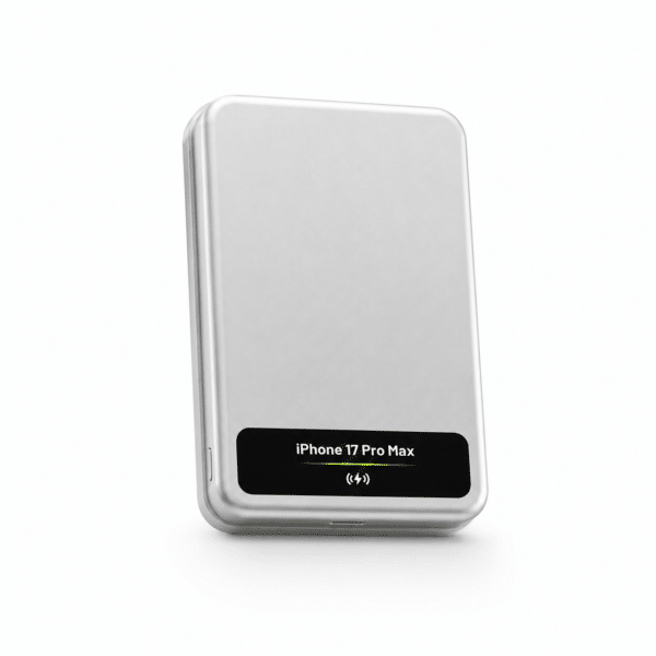 Power bank magnética Sharge M8 blanca con pantalla que muestra el iPhone conectado