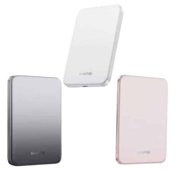 Power bank Sharge M7 en sus tres colores: plata, negro degradado y rosa