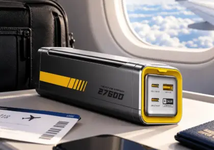 Power bank AOHI Future Starship 27600mAh sobre la mesa de un avión junto a pase de abordar, celular y pasaporte